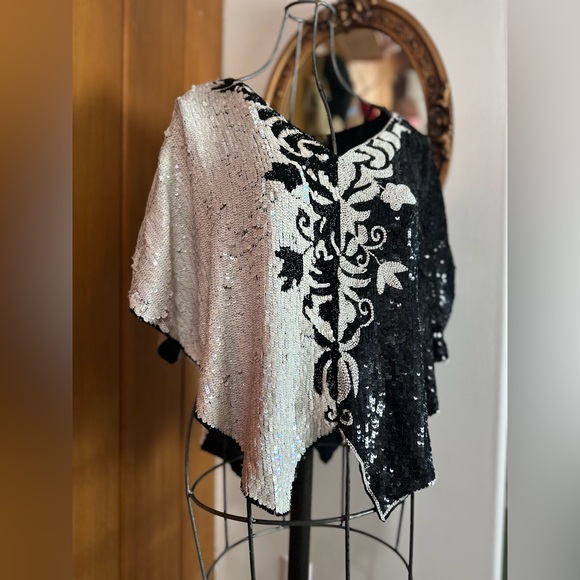 Vintage sequin, 100% silk “poncho” top, medium - Picture 2 of 11